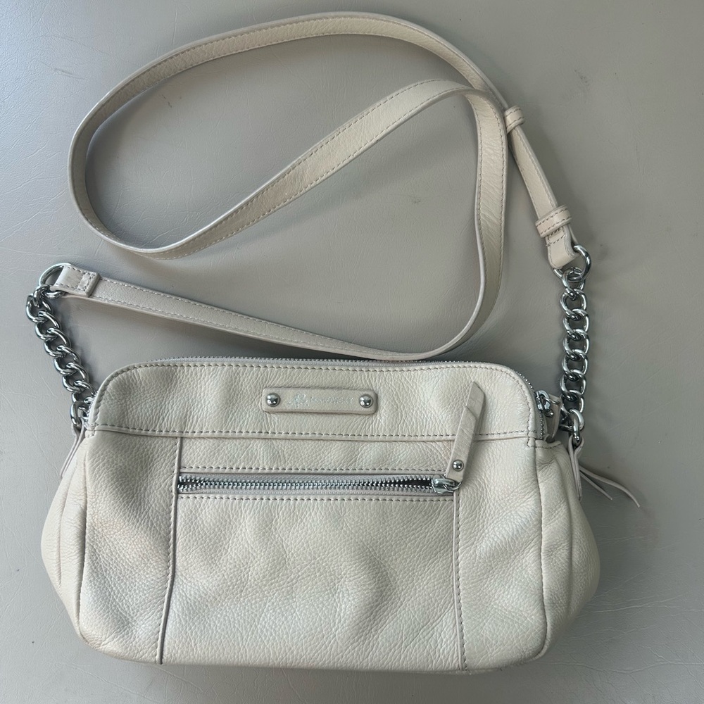 B. Makowsky Cream Bone Soft Pebbled Leather Crossbody Bag Chain Strap Purse